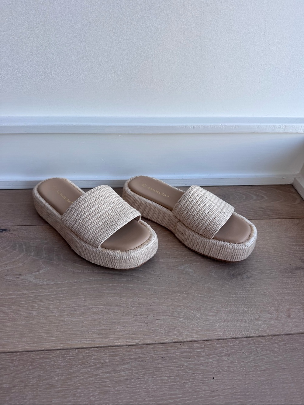 Beige Woven Platform Slide Sandals for Women